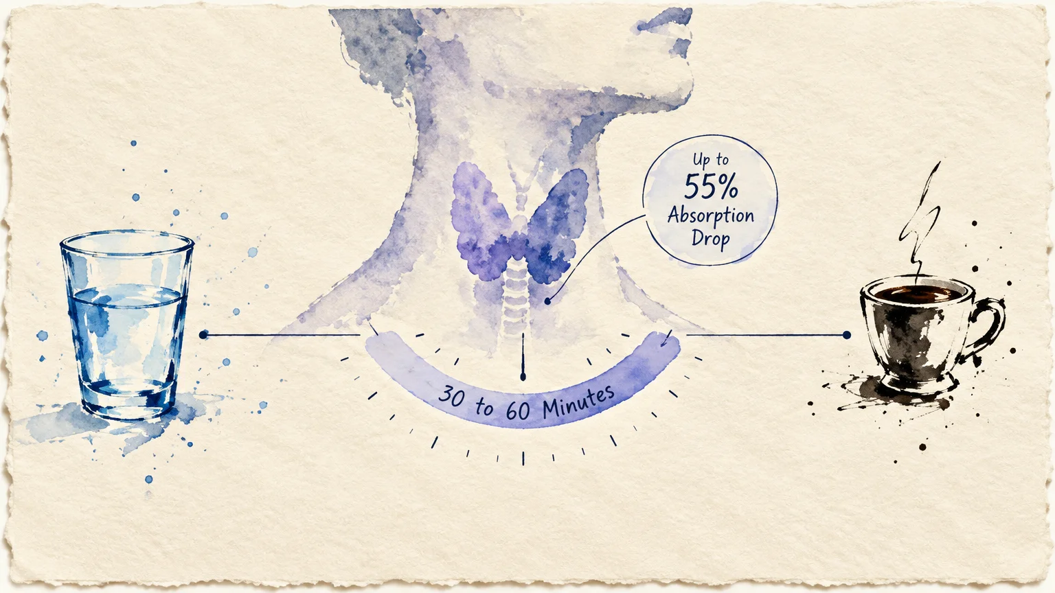 Watercolor illustration showing a neck with a thyroid gland between a glass of water and a coffee cup with text callouts.