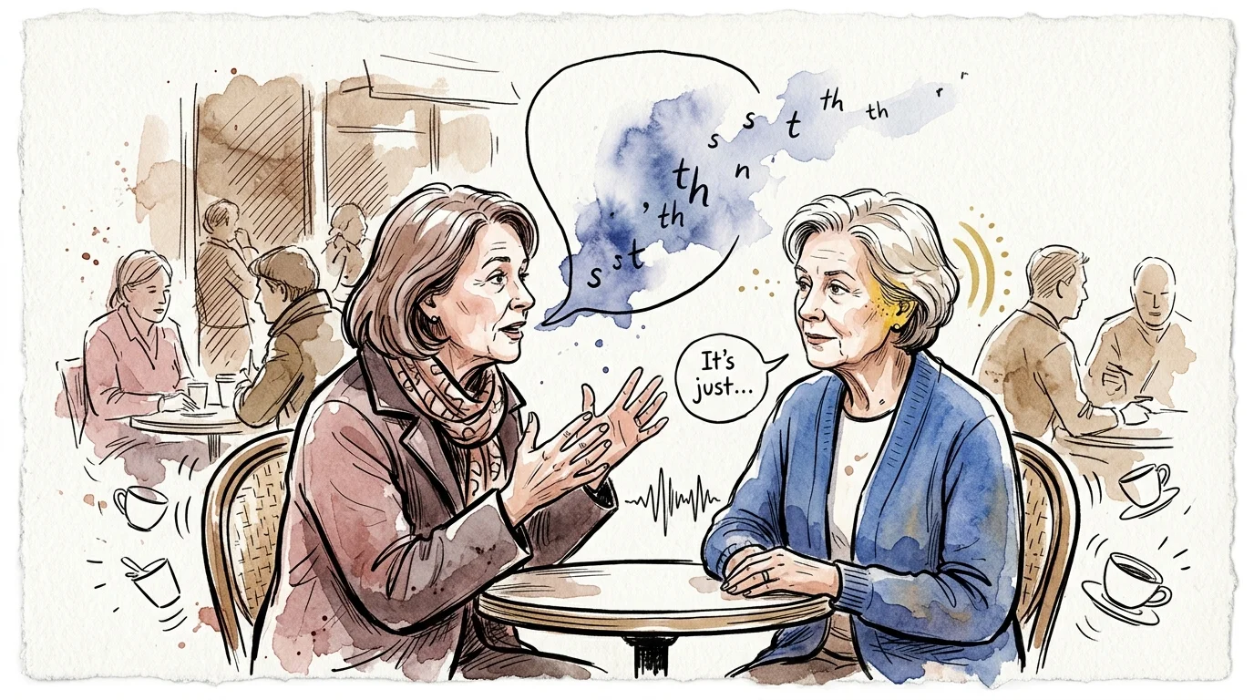 Watercolor sketch of two women at a cafe table, with speech bubbles showing muffled consonants fading into a blue cloud.