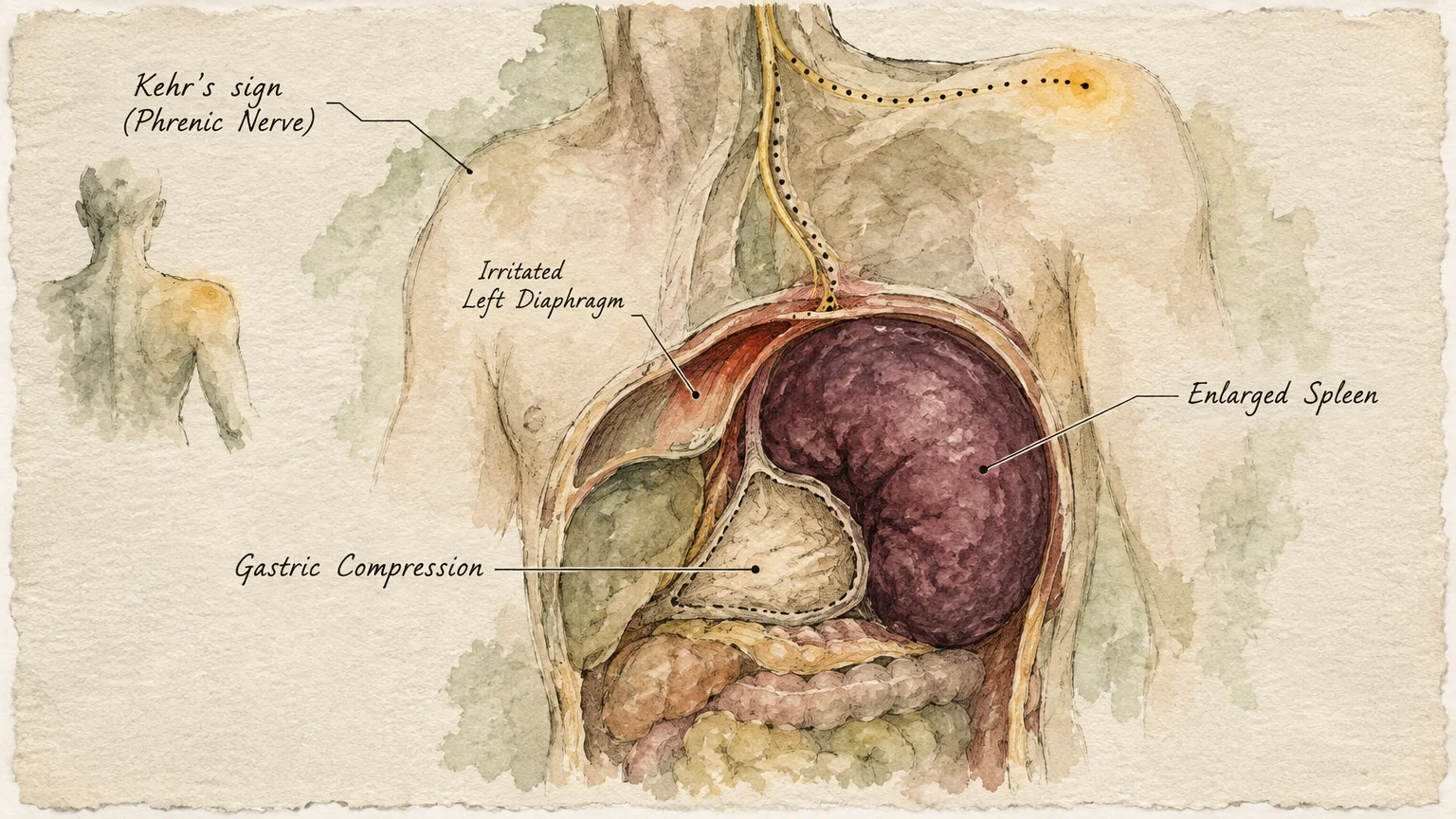 Watercolor medical illustration of human torso anatomy showing an enlarged spleen, gastric compression, and Kehr's sign.
