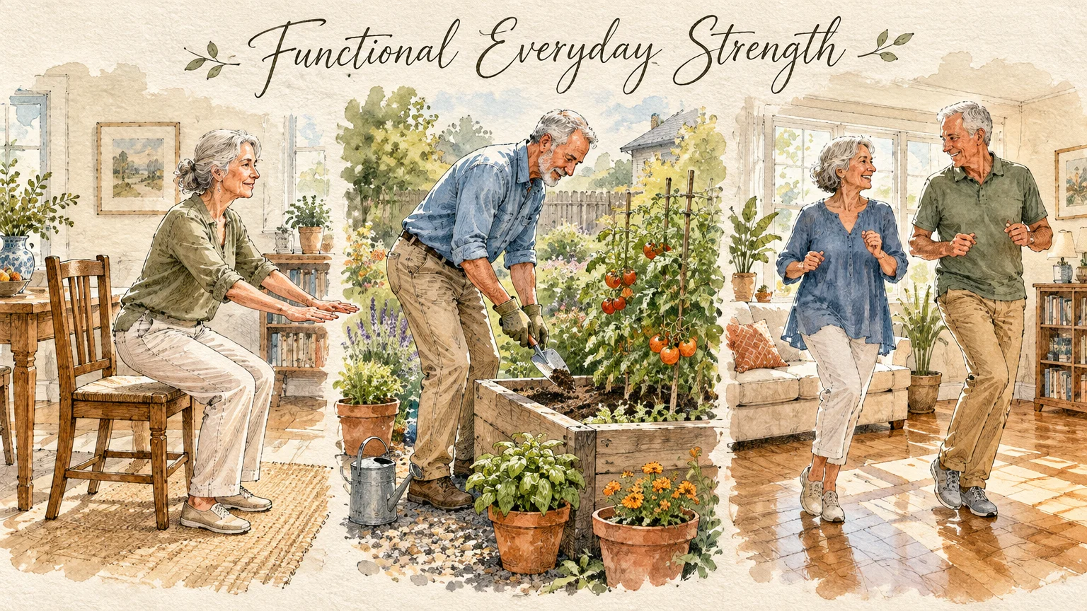 Watercolor of seniors practicing chair squats, gardening in a raised planter bed, and dancing together indoors.