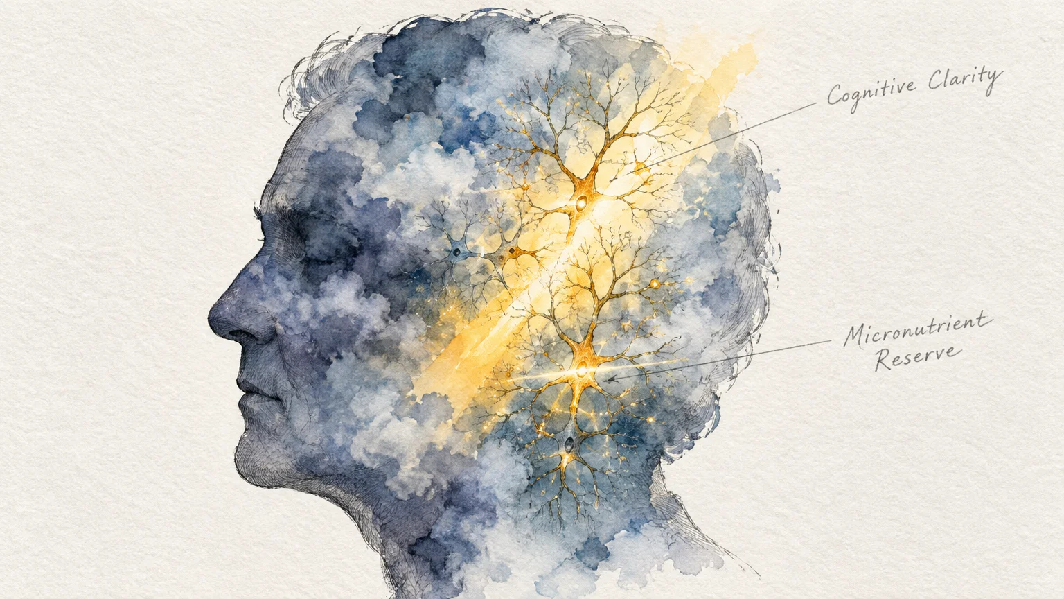 Profile sketch of an older person's head filled with dark watercolor clouds and glowing golden neurons.