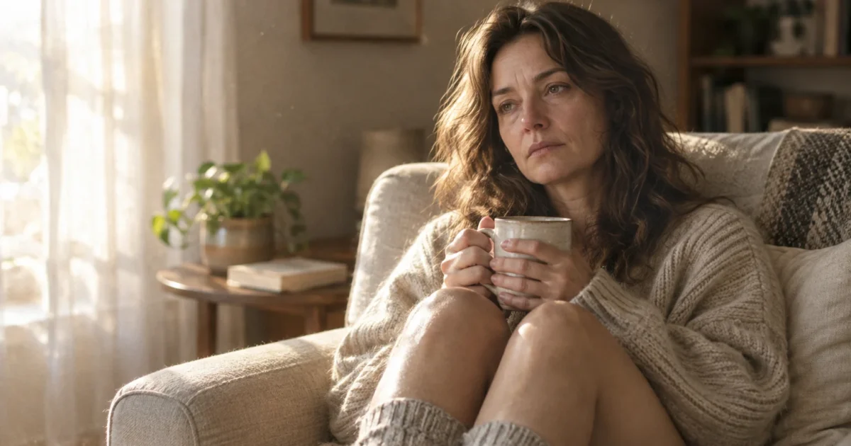 Tired woman wearing a cozy knit sweater sitting in an armchair by a sunlit window and holding a warm mug.