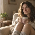 Tired woman wearing a cozy knit sweater sitting in an armchair by a sunlit window and holding a warm mug.