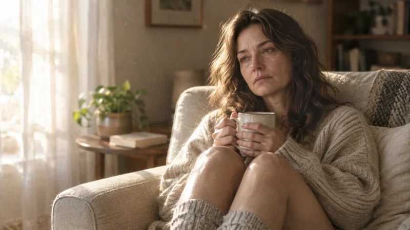Tired woman wearing a cozy knit sweater sitting in an armchair by a sunlit window and holding a warm mug.