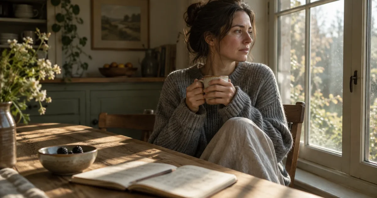 A woman in a gray sweater sits by a sunlit window holding a mug at a wooden table with an open notebook.