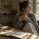 A woman in a gray sweater sits by a sunlit window holding a mug at a wooden table with an open notebook.
