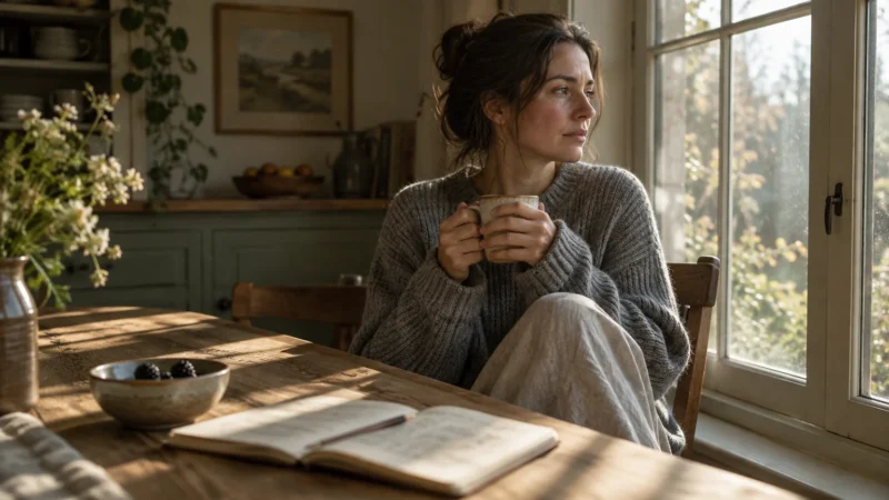 A woman in a gray sweater sits by a sunlit window holding a mug at a wooden table with an open notebook.