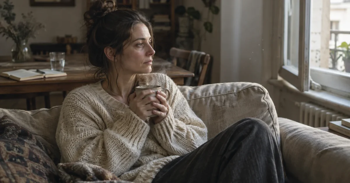 Woman wearing an off-white knit sweater sits on a sofa holding a steaming mug and looking out an open window.