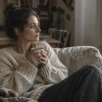 Woman wearing an off-white knit sweater sits on a sofa holding a steaming mug and looking out an open window.