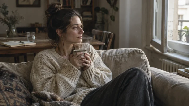 Woman wearing an off-white knit sweater sits on a sofa holding a steaming mug and looking out an open window.