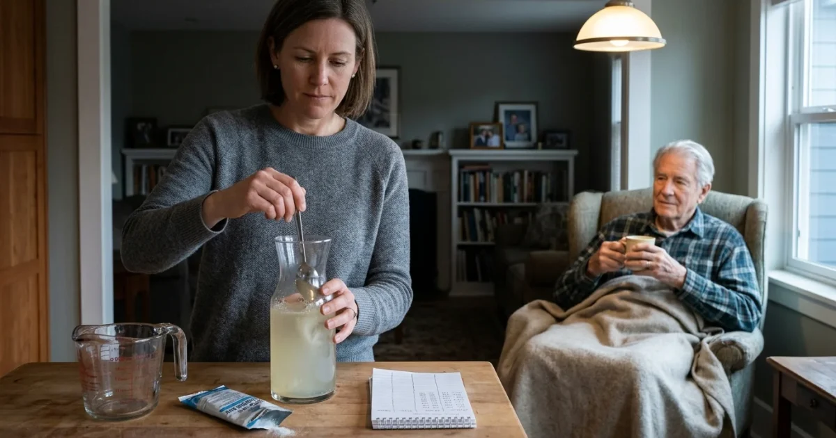 A woman stirs an electrolyte drink at a table while an elderly man rests under a blanket in an armchair.
