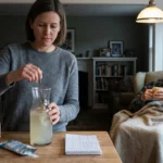 A woman stirs an electrolyte drink at a table while an elderly man rests under a blanket in an armchair.
