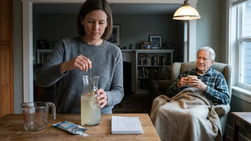 A woman stirs an electrolyte drink at a table while an elderly man rests under a blanket in an armchair.