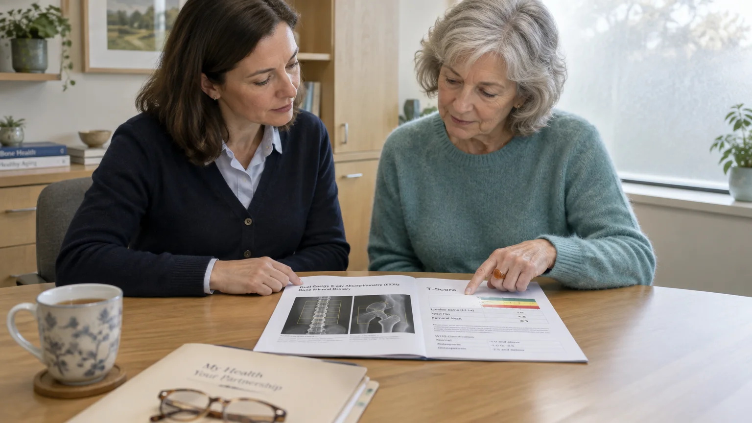 A doctor and an older woman sit at a wooden table reviewing bone density scan results with spine and hip X-rays.