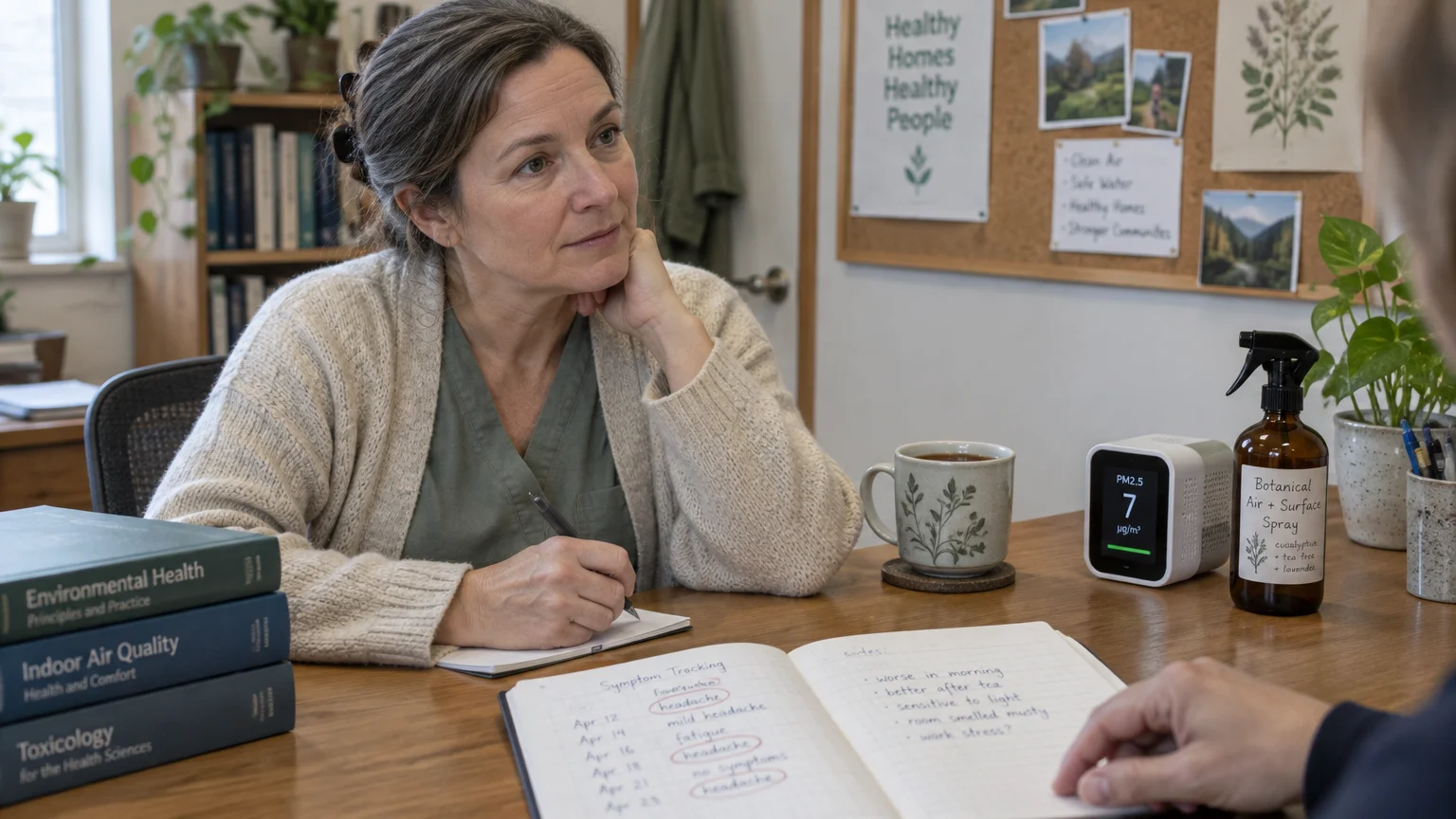 A clinician at a desk writes notes while reviewing a patient's symptom tracking journal alongside an air monitor.