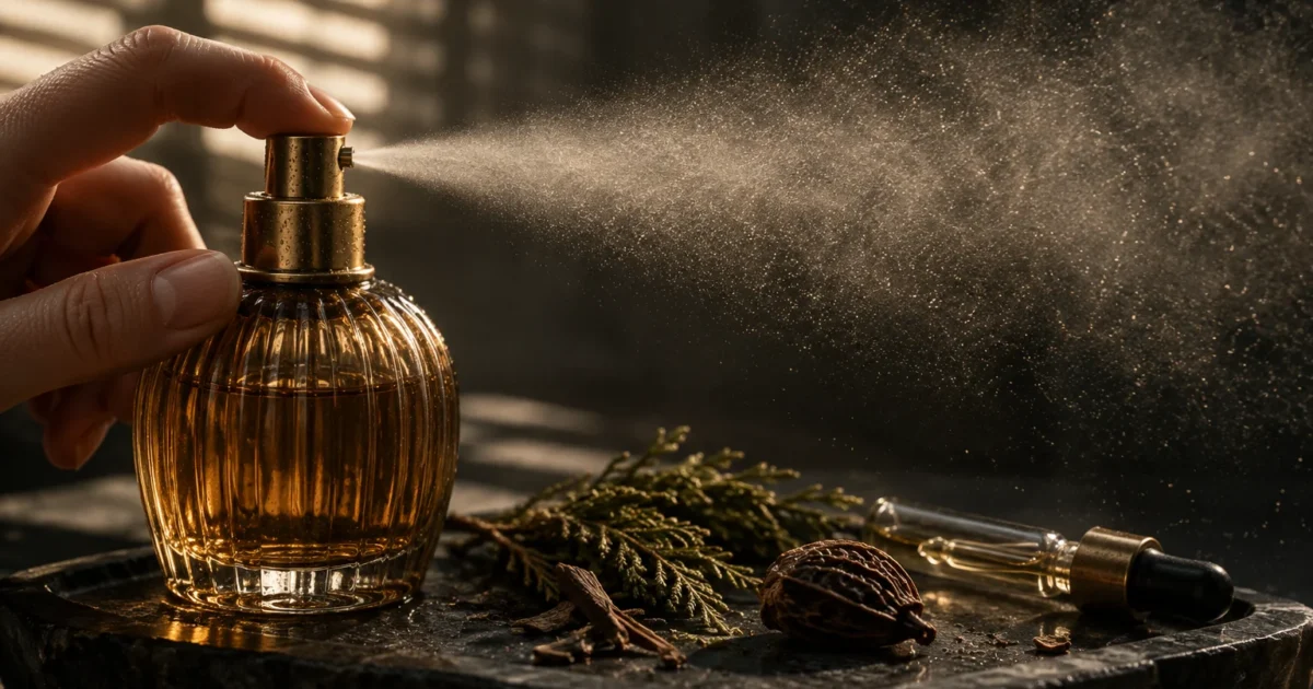 A hand presses the nozzle of a ribbed glass perfume bottle, spraying a fine mist across dark botanicals on a stone tray.