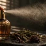 A hand presses the nozzle of a ribbed glass perfume bottle, spraying a fine mist across dark botanicals on a stone tray.