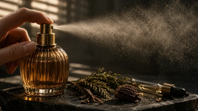 A hand presses the nozzle of a ribbed glass perfume bottle, spraying a fine mist across dark botanicals on a stone tray.