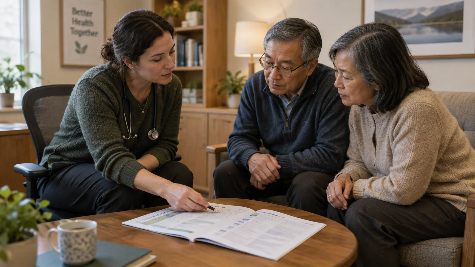 A doctor points to a booklet on a coffee table while consulting with an older Asian couple in an office.