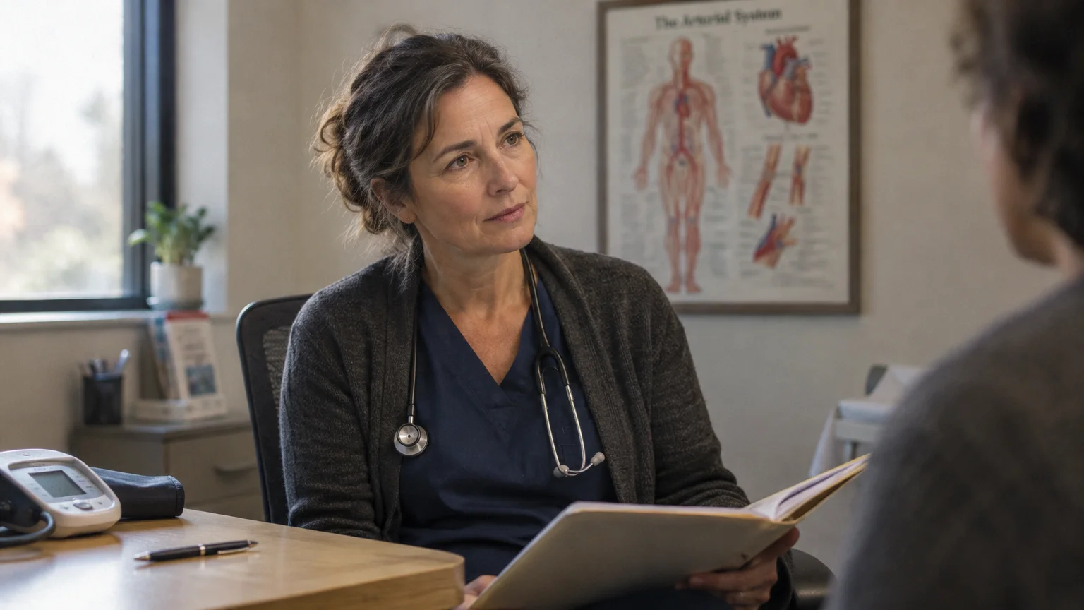A female doctor with a stethoscope holds a chart and listens to a patient in an examination room.