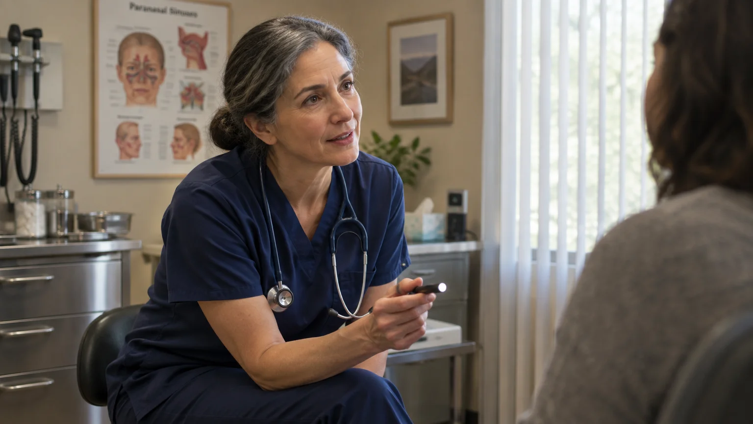 A doctor in blue scrubs holding a penlight while speaking to a patient sitting in an exam room.