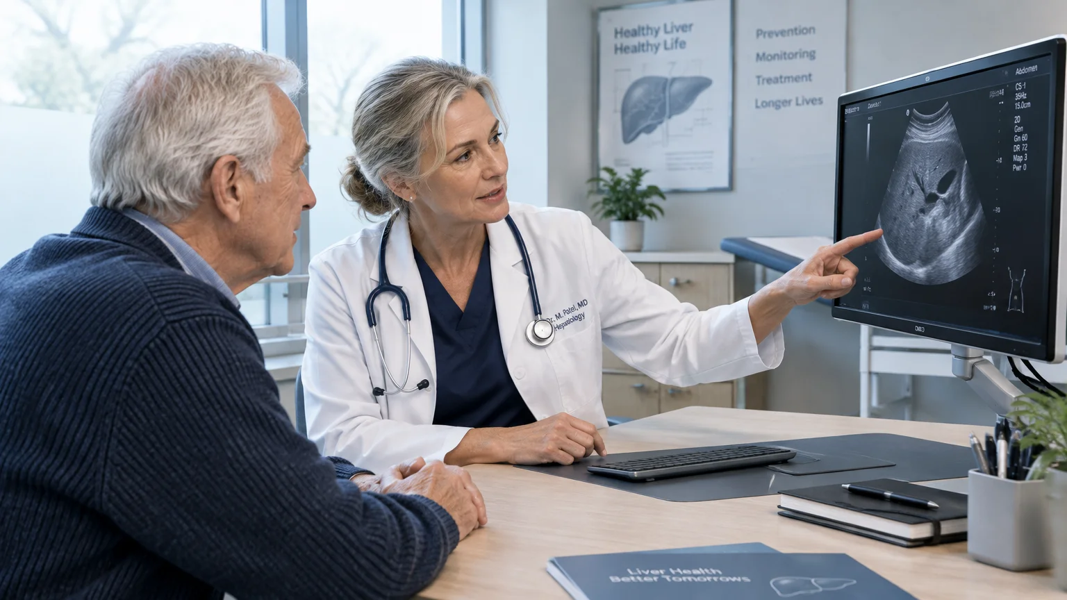 A female doctor in a lab coat points to an ultrasound on a monitor while consulting with an elderly male patient.