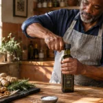 A man opening a bottle of olive oil at a kitchen counter with blackberries, walnuts, ginger, and rosemary.