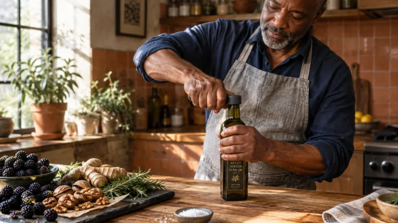 A man opening a bottle of olive oil at a kitchen counter with blackberries, walnuts, ginger, and rosemary.
