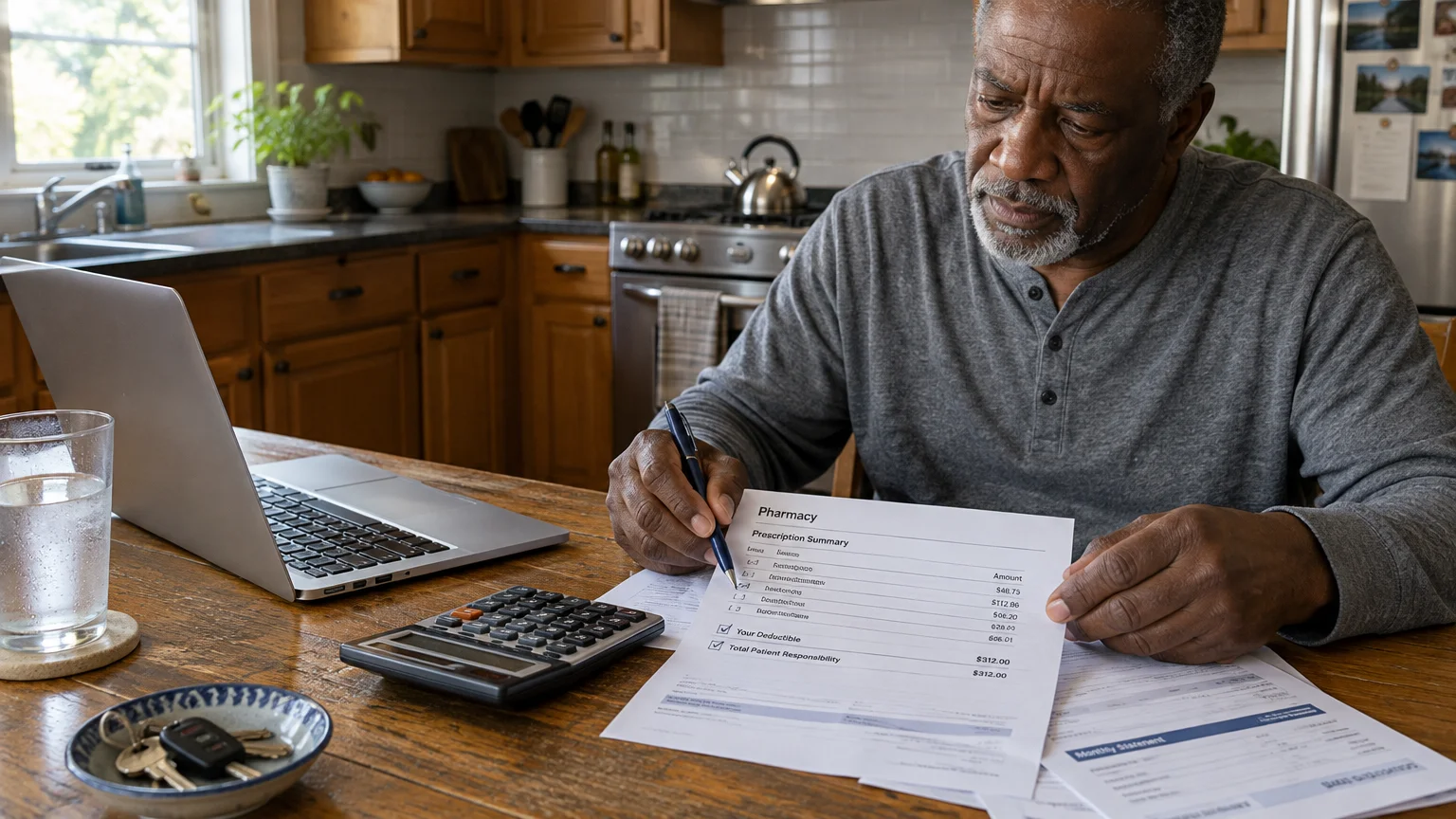 Senior man sitting at a kitchen table reviewing a pharmacy prescription summary with a calculator and laptop.
