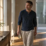 A mature man in loungewear walks down a bright home hallway carrying a glass water bottle.