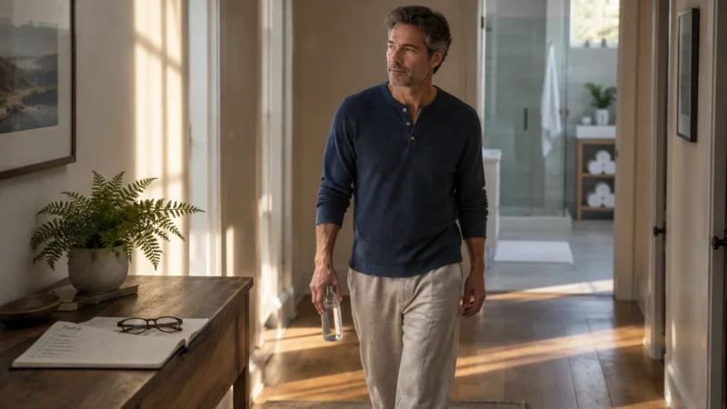 A mature man in loungewear walks down a bright home hallway carrying a glass water bottle.