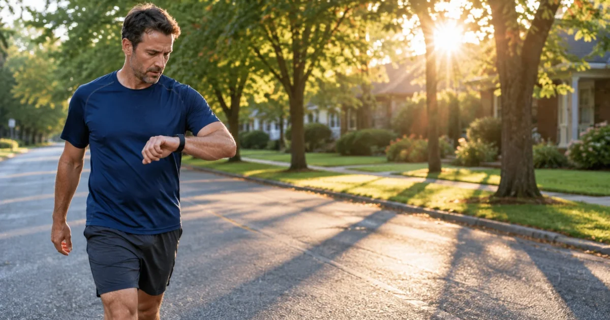 Man in athletic wear checking his smartwatch while walking down a sunlit suburban street.