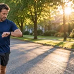 Man in athletic wear checking his smartwatch while walking down a sunlit suburban street.