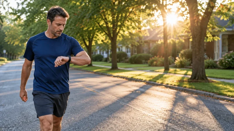 Man in athletic wear checking his smartwatch while walking down a sunlit suburban street.