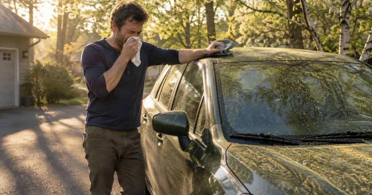 A man holds a cloth to his nose while leaning against a car covered in yellow pollen on a sunny driveway.