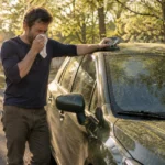 A man holds a cloth to his nose while leaning against a car covered in yellow pollen on a sunny driveway.