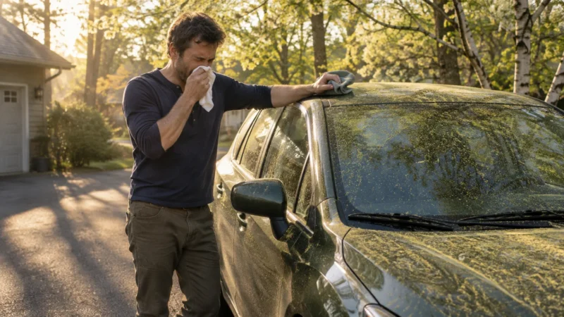 A man holds a cloth to his nose while leaning against a car covered in yellow pollen on a sunny driveway.