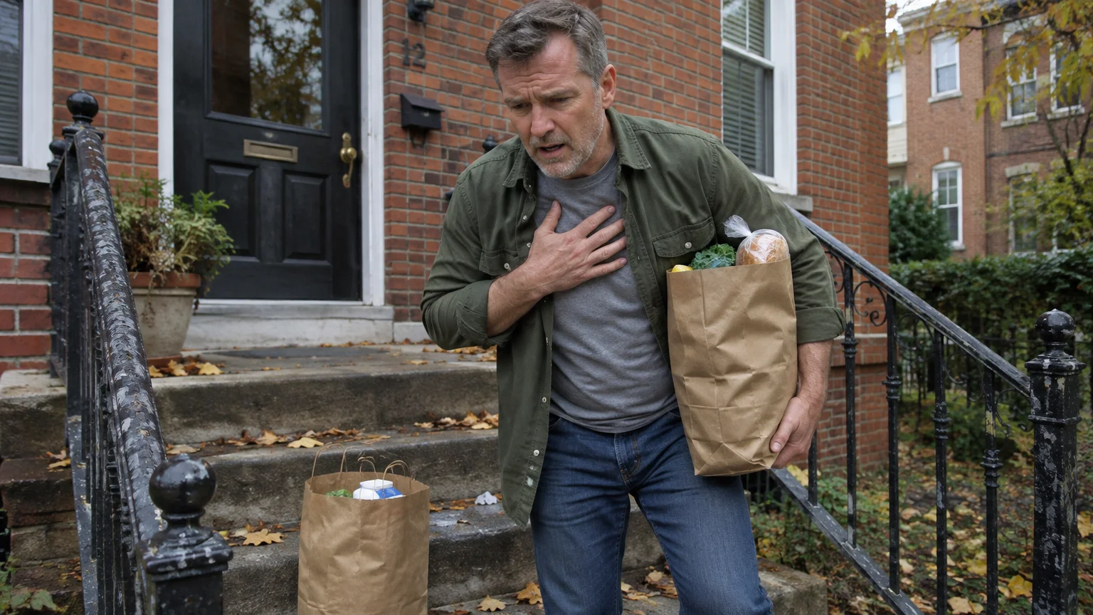 A man clutches his chest in pain on brick front steps while holding a brown paper grocery bag.