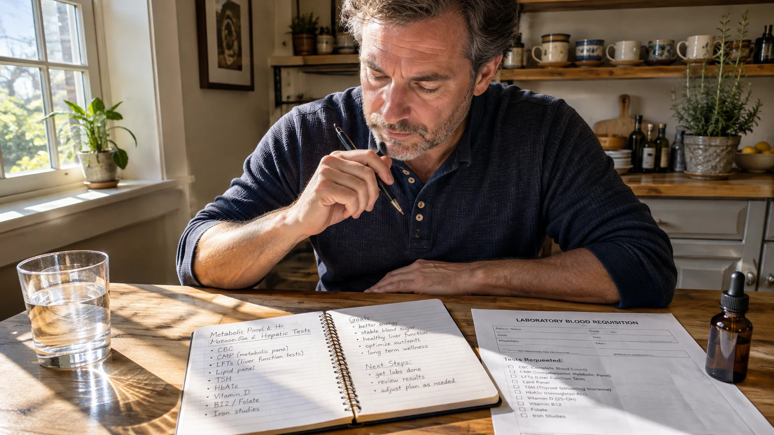 A man sitting at a wooden table reviewing a handwritten notebook and a laboratory blood requisition form.