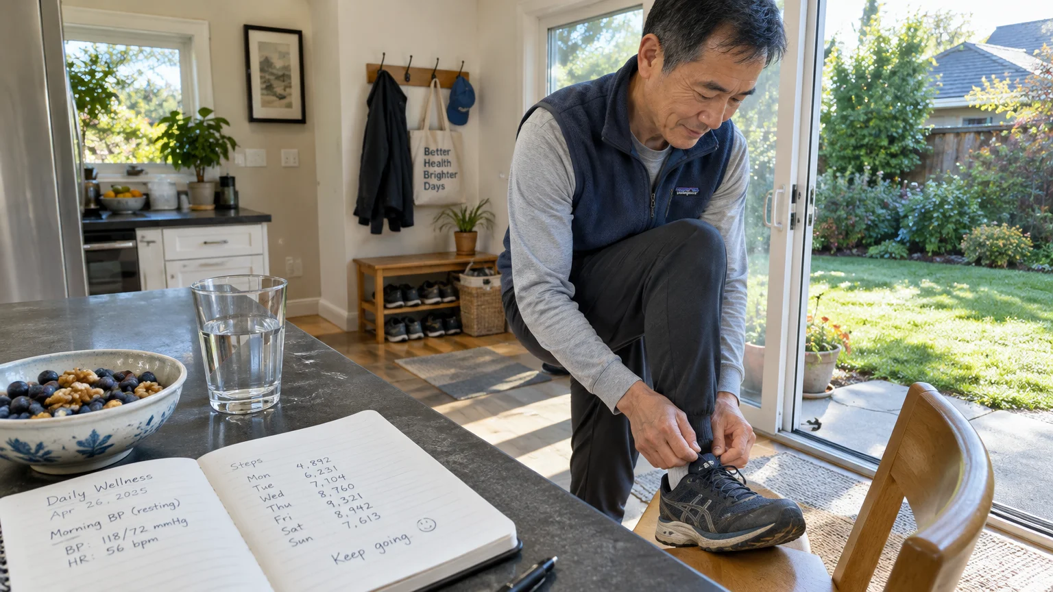 Man tying his running shoe by an open patio door near a counter with a handwritten daily wellness logbook.