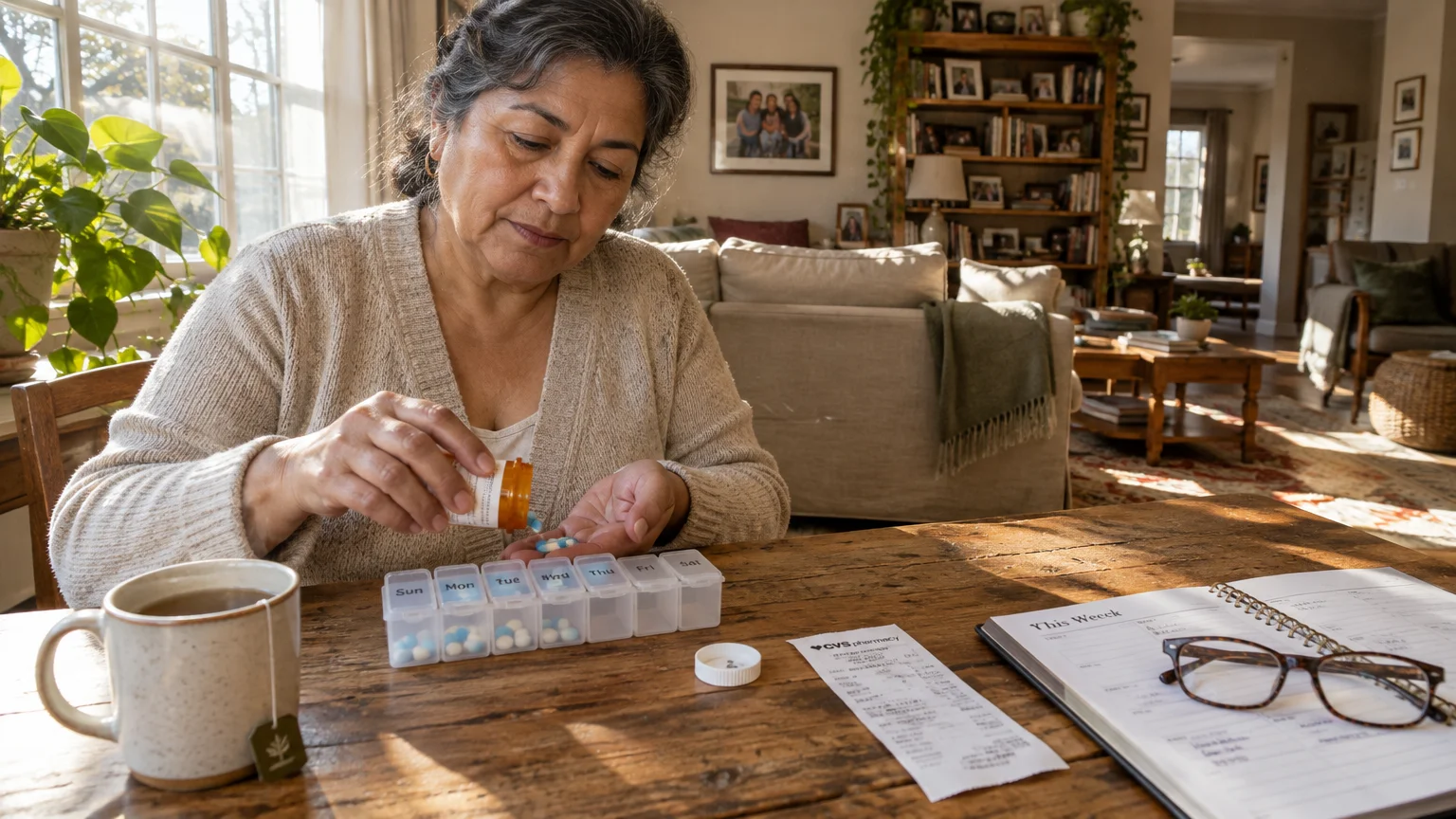 A woman sits at a wooden table sorting blue and white pills into a weekly organizer beside a pharmacy receipt.