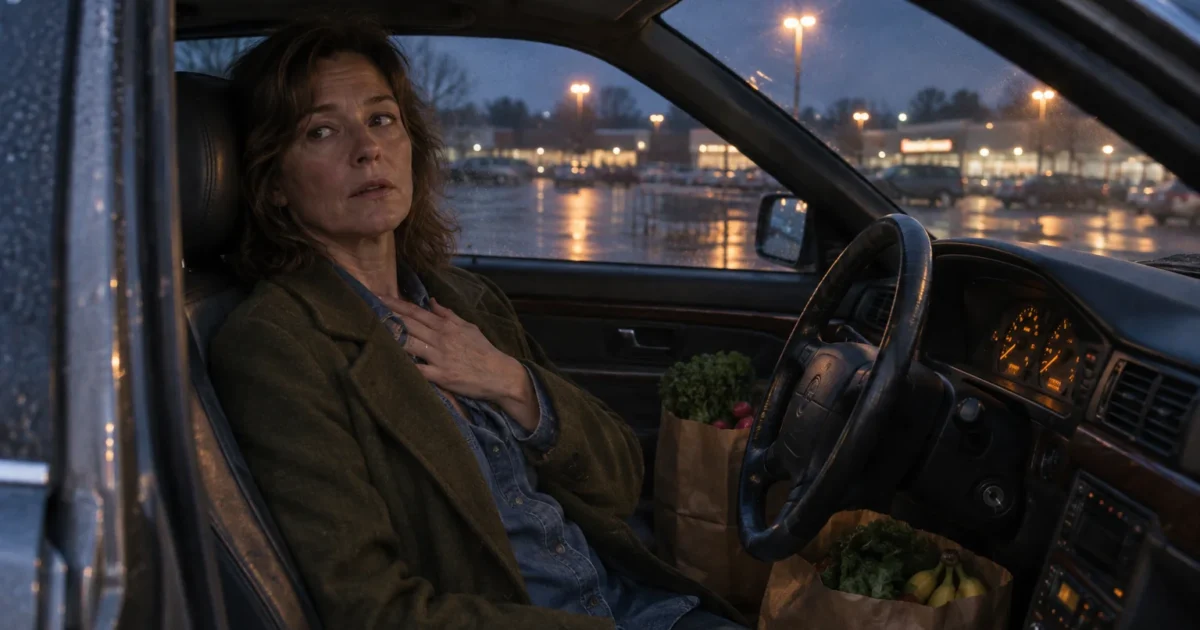 A woman sitting in a car driver's seat holding her chest with groceries on the passenger seat outside a store at dusk.