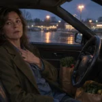 A woman sitting in a car driver's seat holding her chest with groceries on the passenger seat outside a store at dusk.