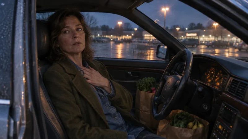 A woman sitting in a car driver's seat holding her chest with groceries on the passenger seat outside a store at dusk.