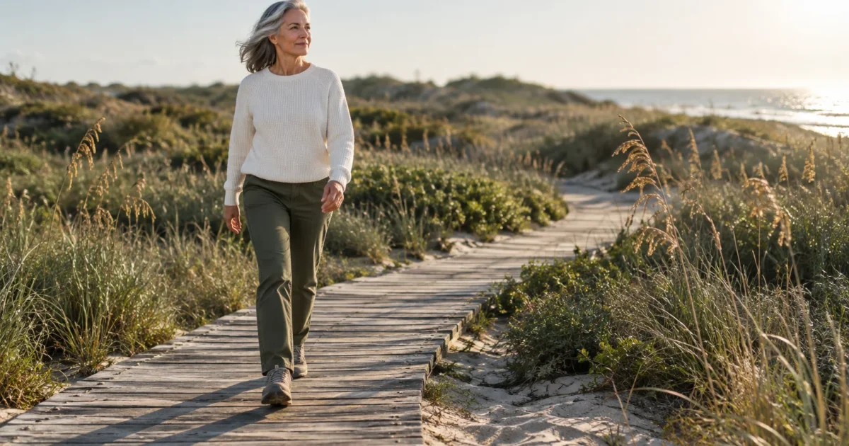 A mature woman with gray hair walks forward along a wooden boardwalk through coastal dunes near the sea.