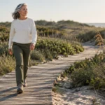 A mature woman with gray hair walks forward along a wooden boardwalk through coastal dunes near the sea.