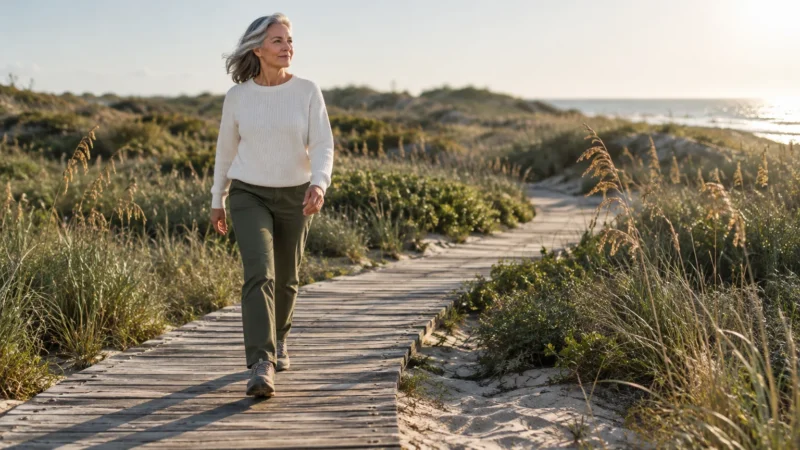 A mature woman with gray hair walks forward along a wooden boardwalk through coastal dunes near the sea.