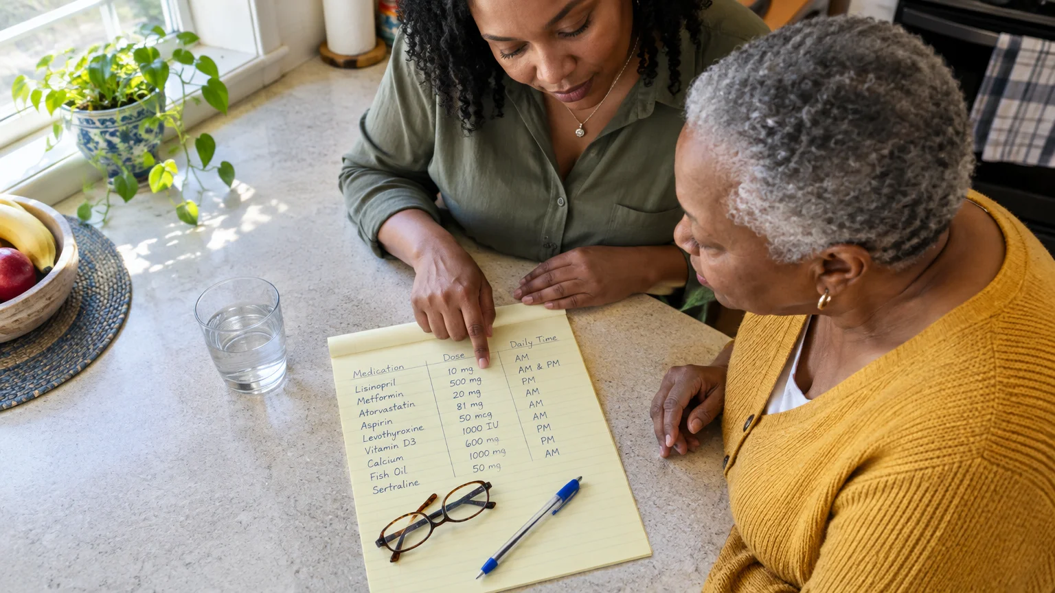 Overhead view of two women reviewing a handwritten medication list on yellow legal paper at a kitchen counter.