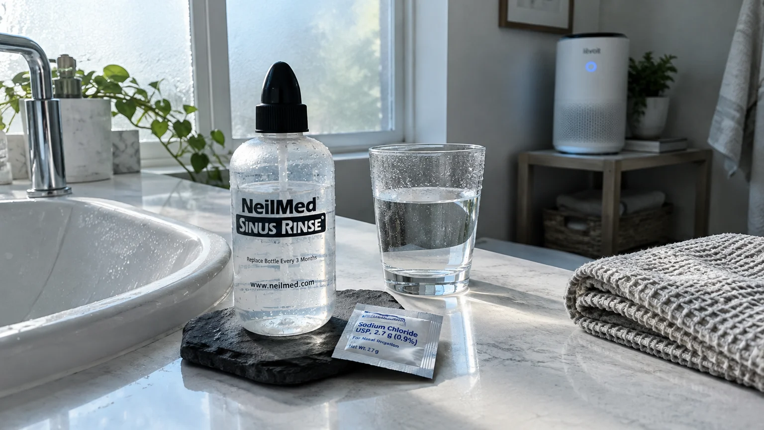 A sinus rinse bottle, saline packet, glass of water, and an air purifier on a bathroom counter.