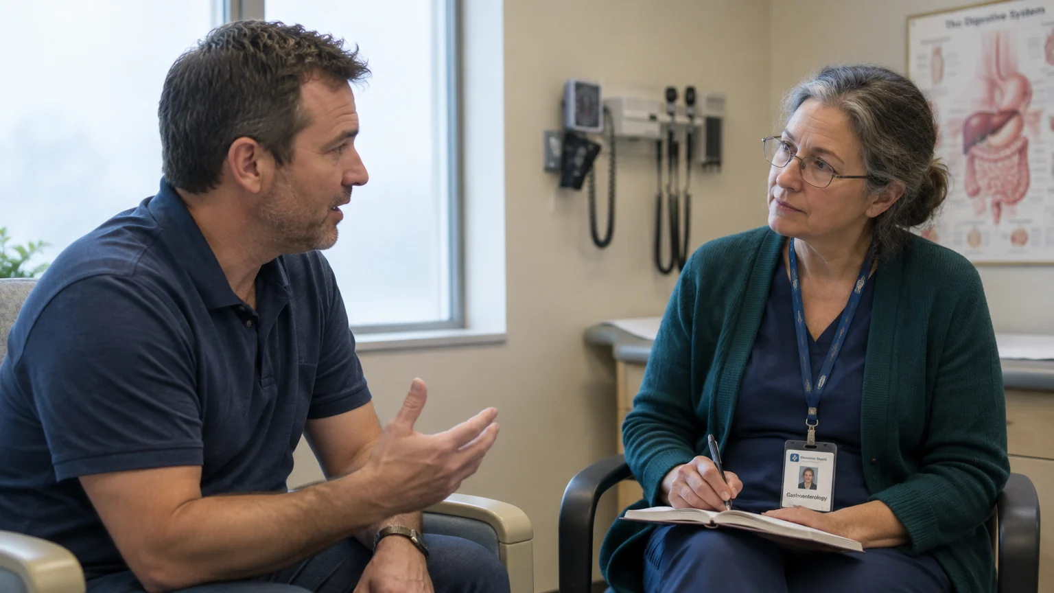 A man talks to a female healthcare clinician taking notes in an exam room beside a digestive anatomy poster.